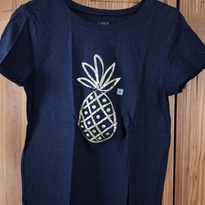 LOFT Outlet Women's Navy Blue Shirt with Gold Pineapple